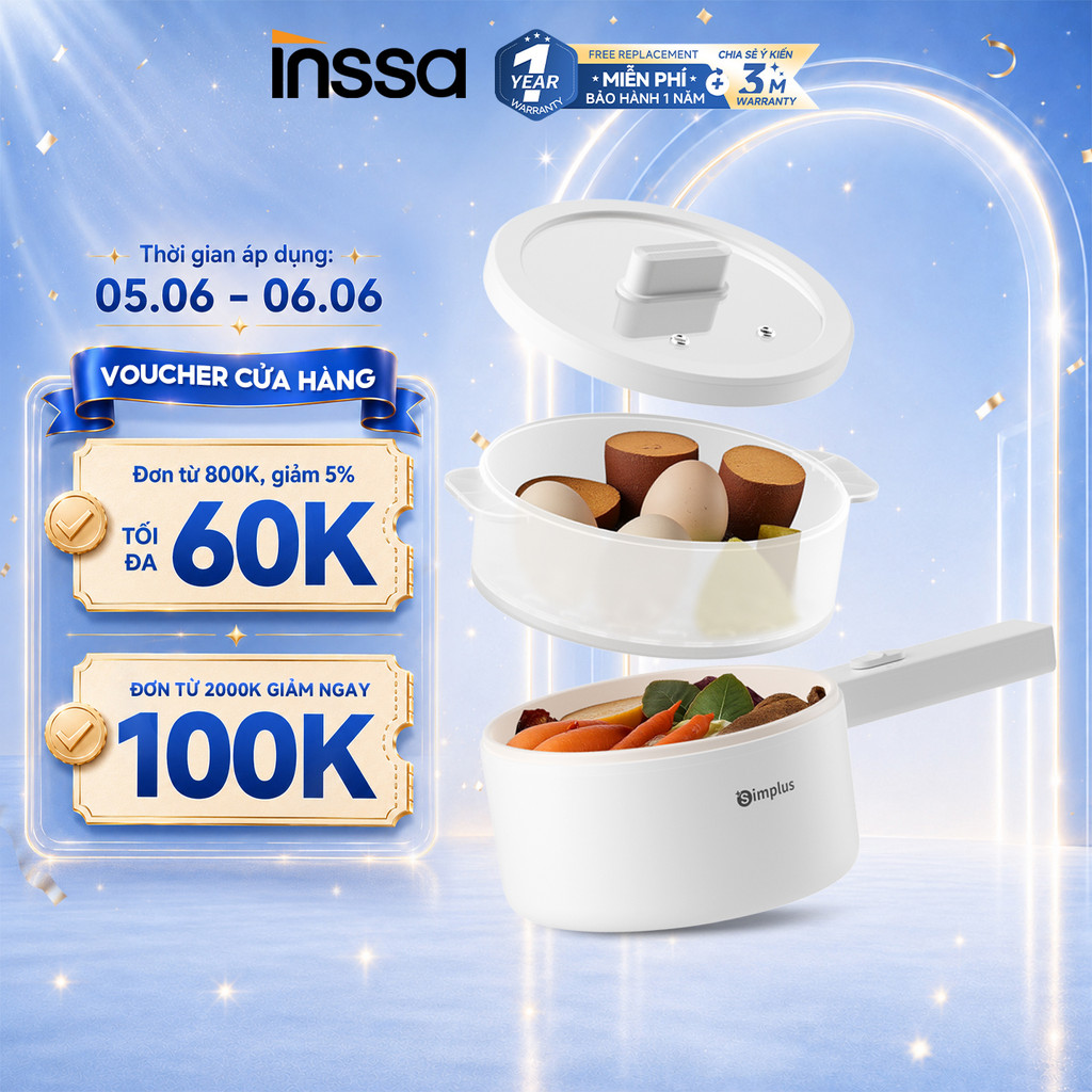 Inssa x Simplus Nồi lẩu điện 1.8L có tay cầm dài, công suất 600W, nấu đa năng DZGH012