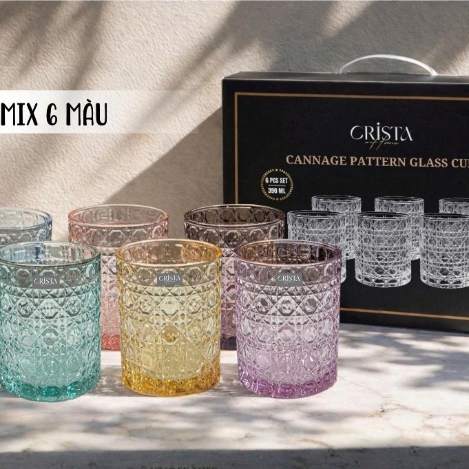 Bộ 6 Cốc Thuỷ Tinh Dáng Tròn Vân Kim Cương Dập Nổi 390ml CRISTA HOME Mix Màu Sang Trọng [AV60253]