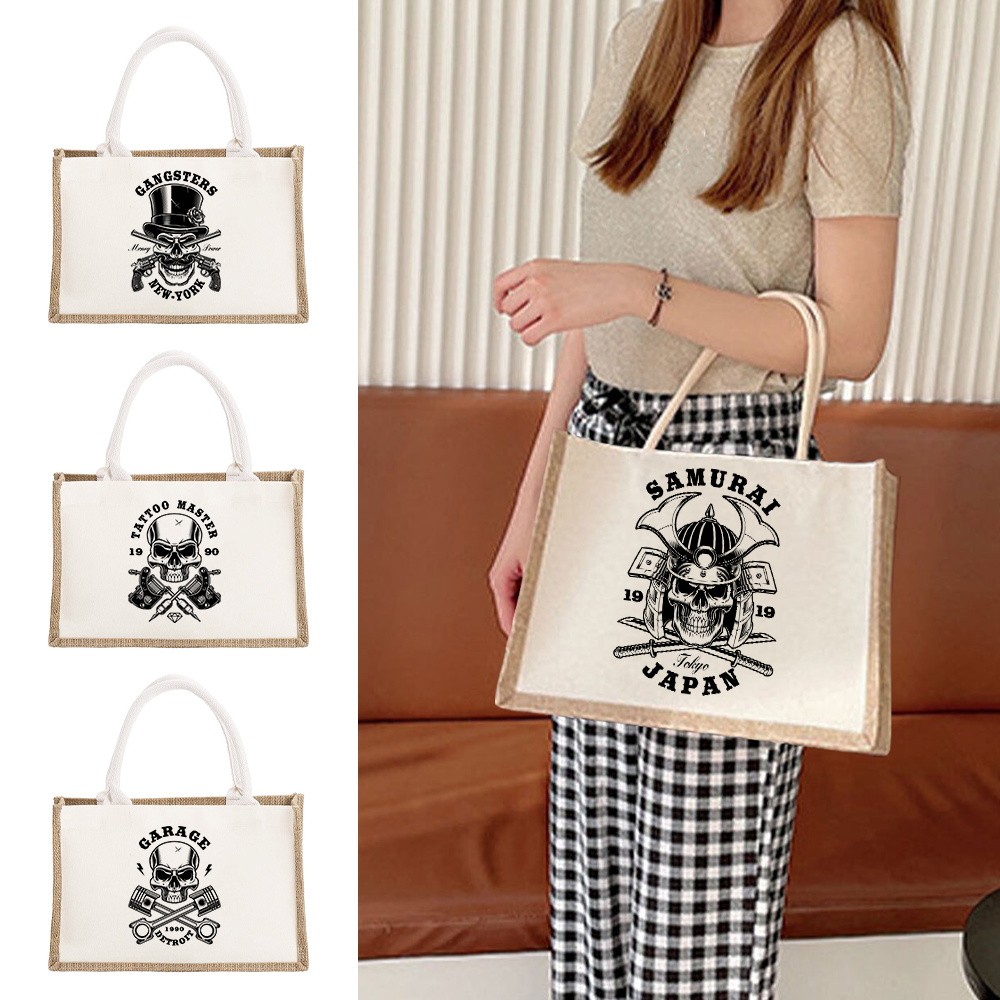 Beach Burlap Tote Bags Skull Print Personalized Bridesmaid Bridal Party Girls Trip Gifts Jute Tote S