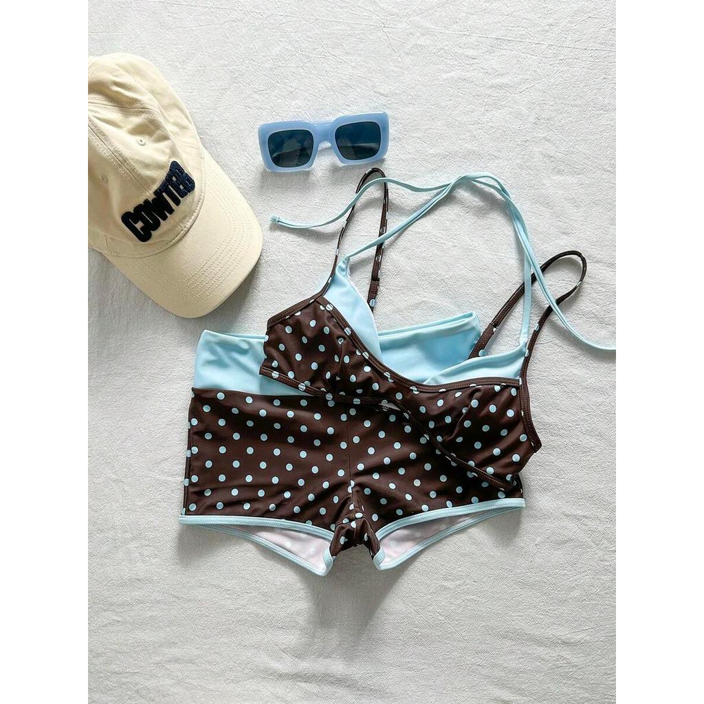 (CÓ SẴN) Set bikini 2 mảnh nâu chấm bi phối xanh đi biển hot trend mùa hè với quần short che bụng dưới – KÈM ẢNH THẬT | BigBuy360 - bigbuy360.vn