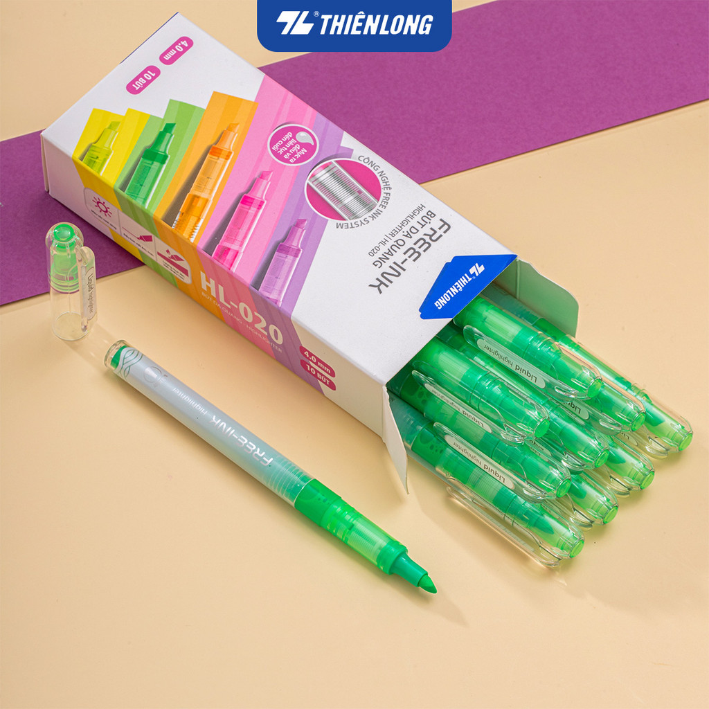 Combo 10 Bút dạ quang Thiên Long HL-020 - Công nghệ Free-ink system mực ra đều liên tục