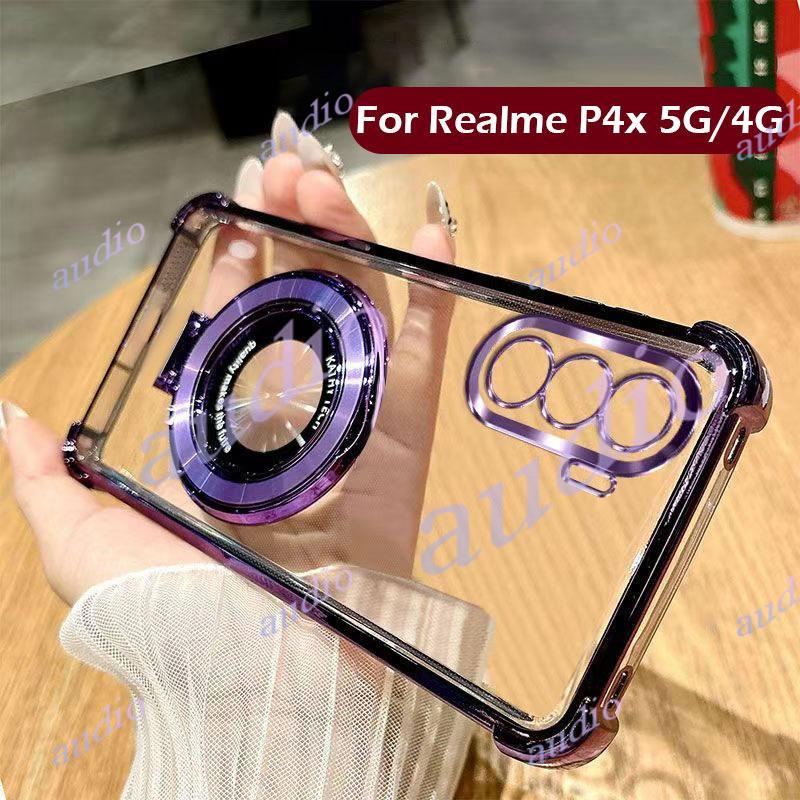 Ốp điện thoại trong suốt mạ bốn góc Realme P4x 4G 5G có giá đỡ cho realme P4x P4 Lite Power 4G 5G Ốp