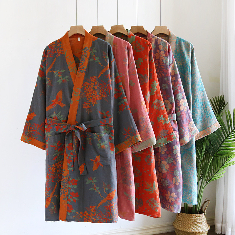 Xuân Thu Nữ Nhật Bản Retro Váy Ngủ Áo Len Tắm Sợi Nhuộm Jacquard Nguyên Chất Cotton Gạc Váy Ngủ Kimo
