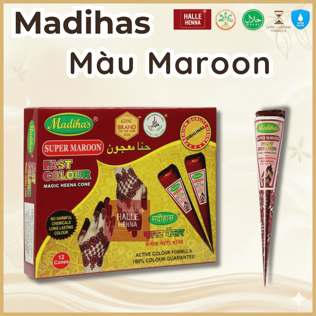 Mực Vẽ Henna Madihas Maroon Ấn Độ Chính Hãng – Henna Cone Vẽ Body, Bền Màu 7–10 Ngày