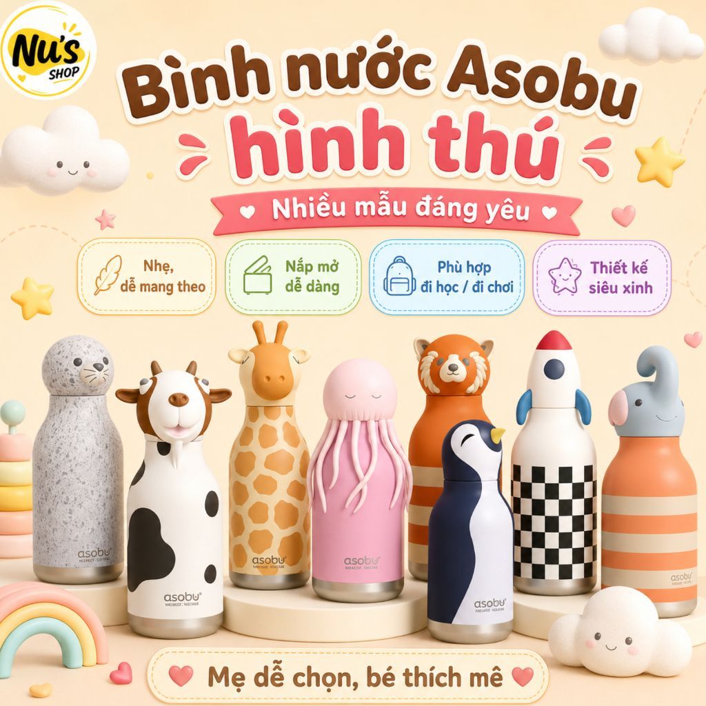 Bình Giữ Nhiệt Hình Thú 3D Asobu Bestie Bottle 460ml - Dễ Thương, Tiện Lợi (Không Hộp)