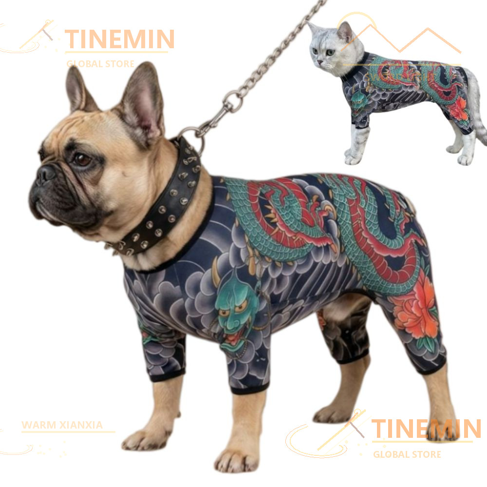 TINEMIN Dog Cat Tattoo Jacket, Áo Vest hình xăm thú cưng vui nhộn thoáng khí, Sáng tạo Bốn mùa Quần 