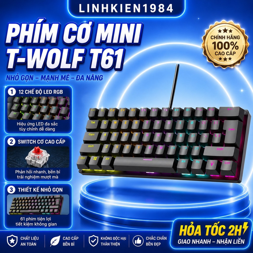 Phím Cơ Mini T-WOLF T61 RGB 61 Phím Blue Switch LED Gaming Cực Đẹp