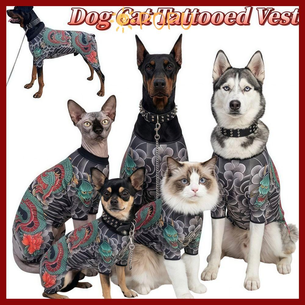 POPU Dog Cat Tattoo Jacket, Áo Vest hình xăm thú cưng bốn mùa thoáng khí, sáng tạo mát mẻ vừa vặn Qu