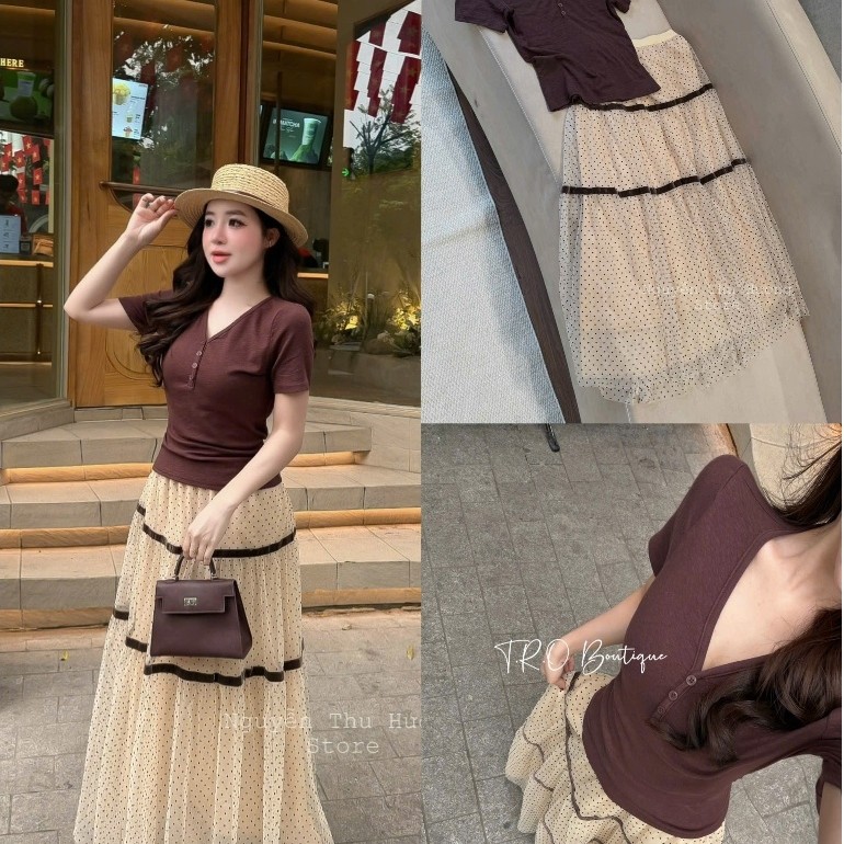 Set áo thun mix chân váy voan bi nâu 8523 hàng QCCC TRồ