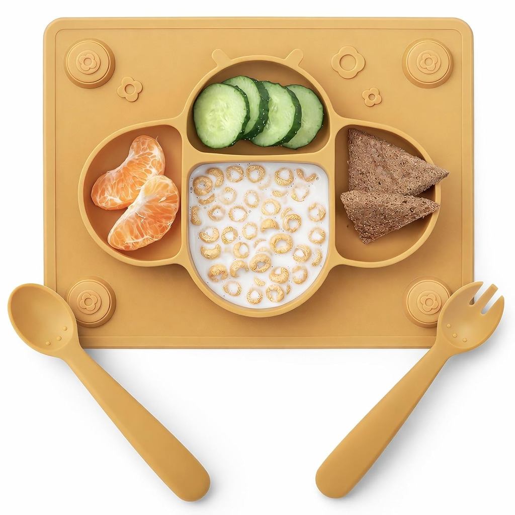 ROCCEDSuctionPlatesforBabyPlacematSpoonForkSetforTuddlers, BabyPlateswithSuctionBabyDishesforKidsPla