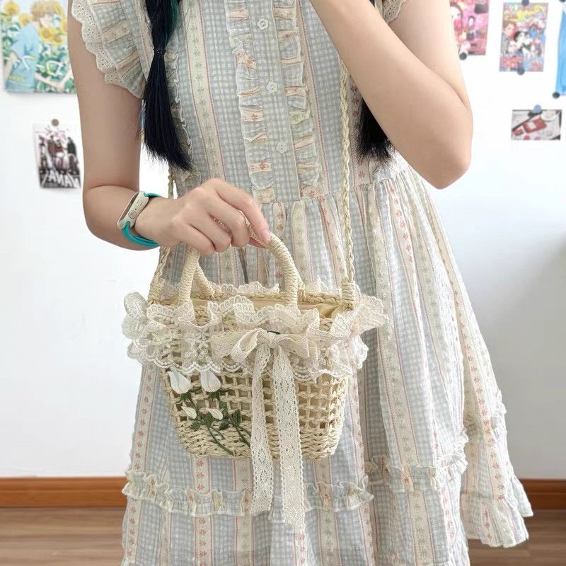 5.22-Mùa hè Mục vụ Pháp lolita lolita phù hợp với túi xách Túi đeo chéo bên bờ biển Túi rơm