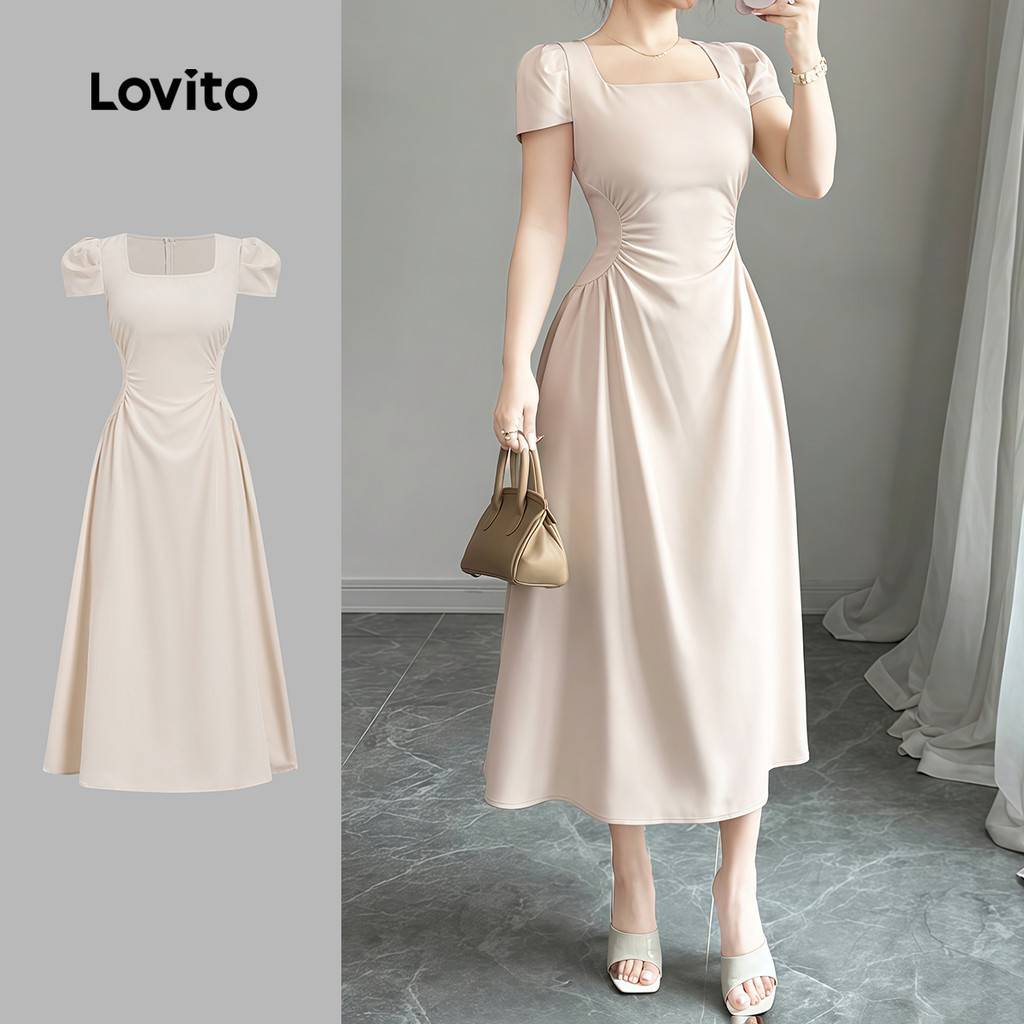 Lovito Váy Thanh Lịch Xếp Ly Ánh Sáng Kaki Cho Nữ L171AD016 Đầm Xếp Ly Thanh Lịch Mu