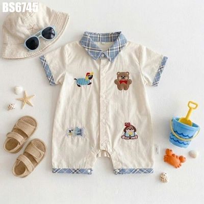Body bé trai sơ mi cổ kẻ caro họa tiết thú ngộ nghĩnh mũ cho bé sơ sinh 1 2 tuổi MINTSCLOSET BS6745