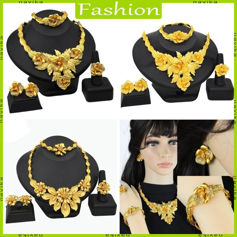 NA Olenty Cô Dâu Châu Phi 24K Mạ Vàng Bộ Trang Sức Bông Tai Vòng Tay Và Nhẫn
