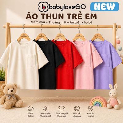 Áo phông trơn cho bé BabyloveGO 2026 áo thun tay lỡ có túi ngực basic chất liệu cotton sợi thoáng mát cho bé từ 10-45kg