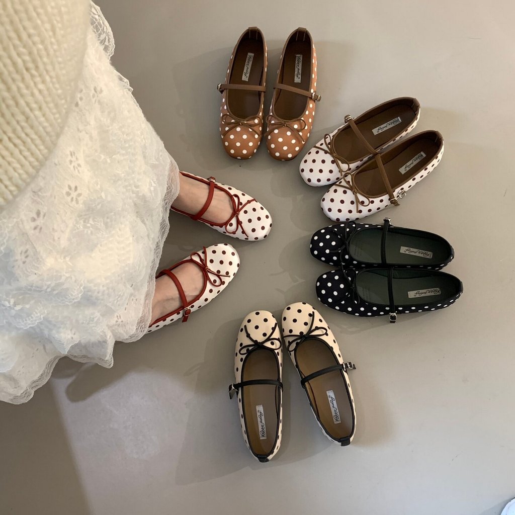 【Lamode】【Lamode】Giày Nữ Thời Trang Phong Cách Hàn Quốc Chấm Bi Mary Jane Giày Nữ Nông Miệng Đế Bằng 