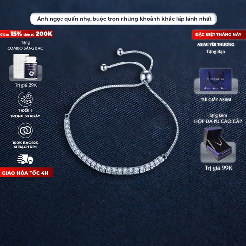 Lắc tay bạc rút chuỗi đá trơn Zircon Asimi Gem Rope LT16
