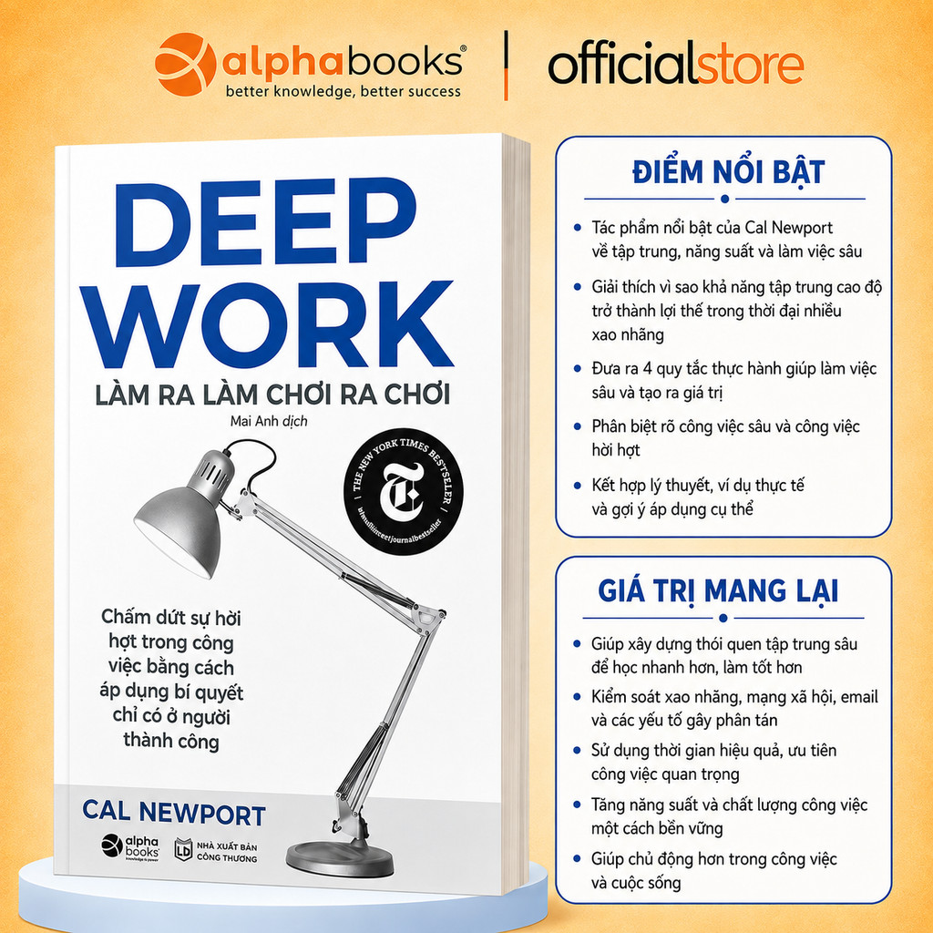 Sách: Deep Work - Làm ra làm chơi ra chơi - Bí quyết Làm Việc Sâu để thành công (Alpha Books)