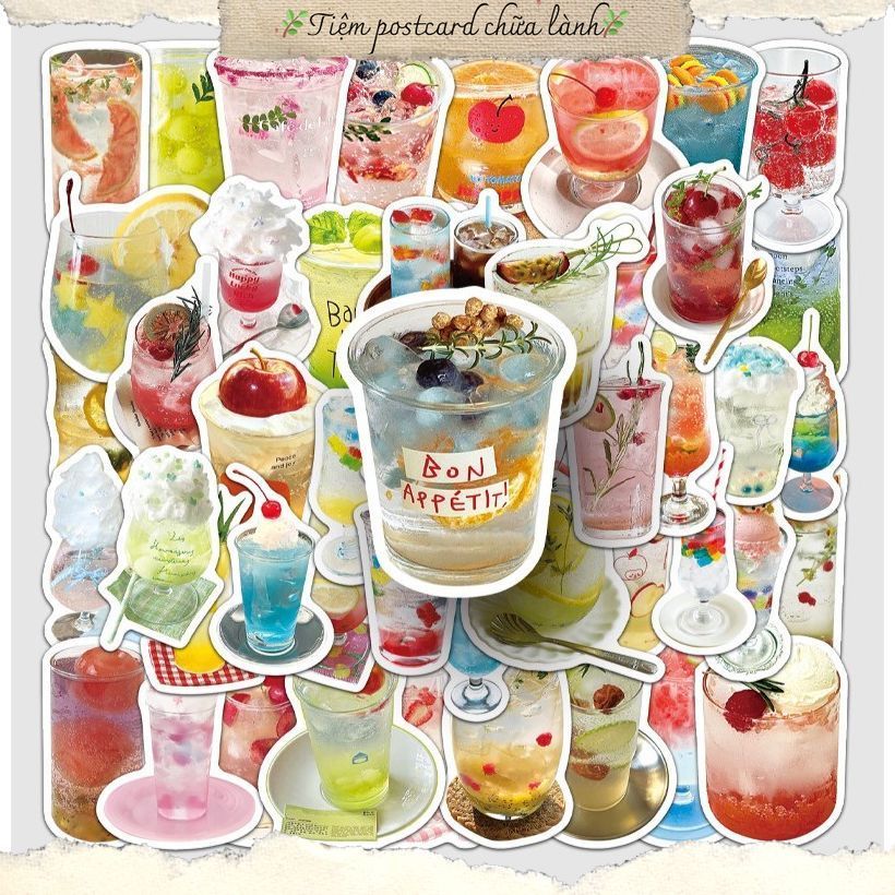 Set 10/20/50 cái sticker chống nước ĐỒ UỐNG MÙA HÈ MÁT LẠNH DOUYIN TRÀ TRÁI CÂY SODA dán mũ bảo hiểm