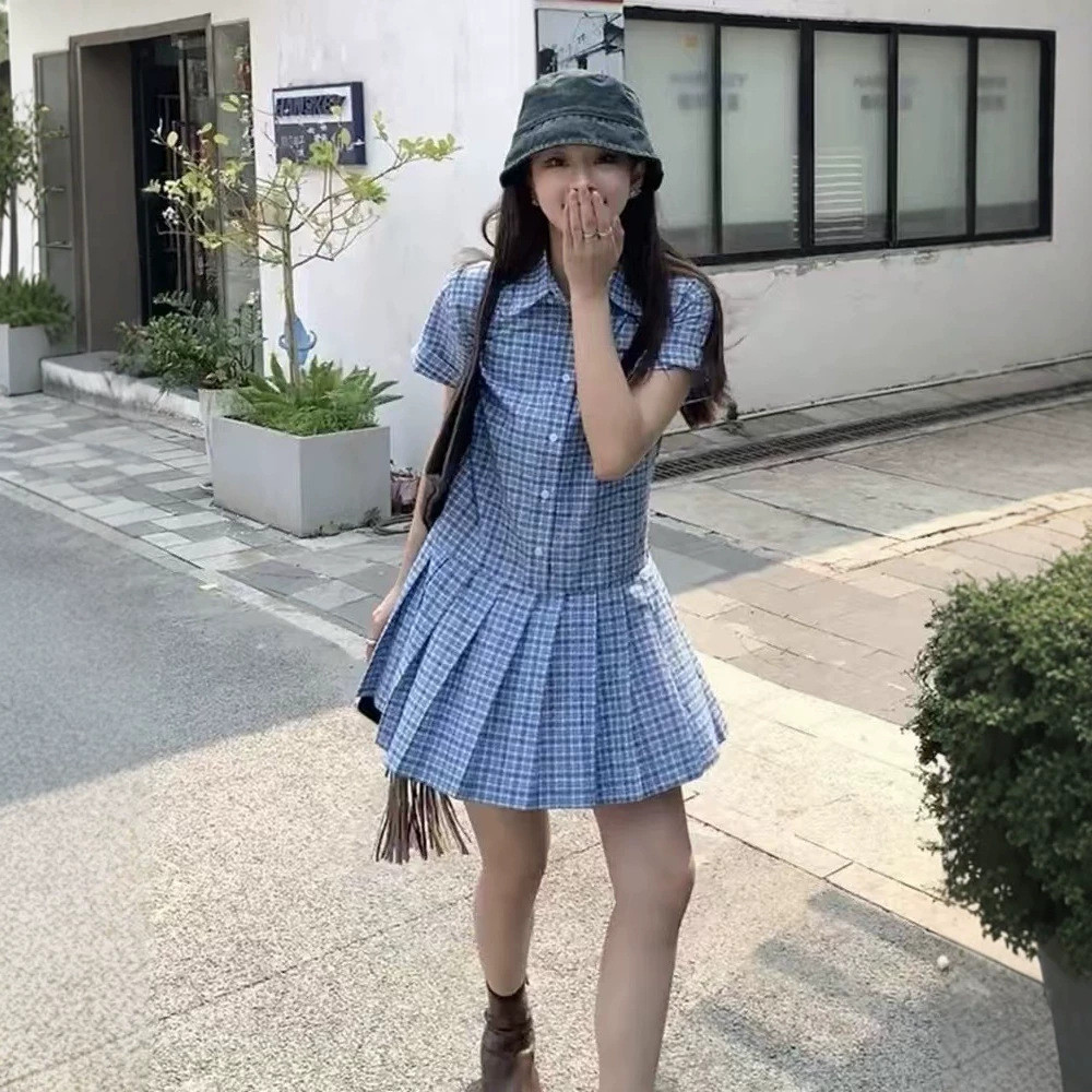 [SR-STUDIO] LC Dongdaemun Áo Sơ Mi Họa Tiết Phong Cách Preppy Váy Xếp Ly GBF7