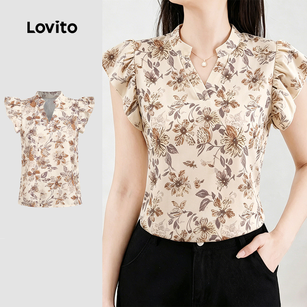 Lovito Áo sơ mi nữ tay bèo hoa áo sơ mi mùa xuân/hè L195AD300