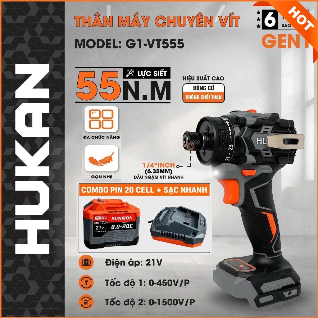 Máy chuyên vít trượt HUKAN G1-VT555, 23 cấp trượt, Chân pin phổ thông M21, Lực siết 55NM, Hàng tốt