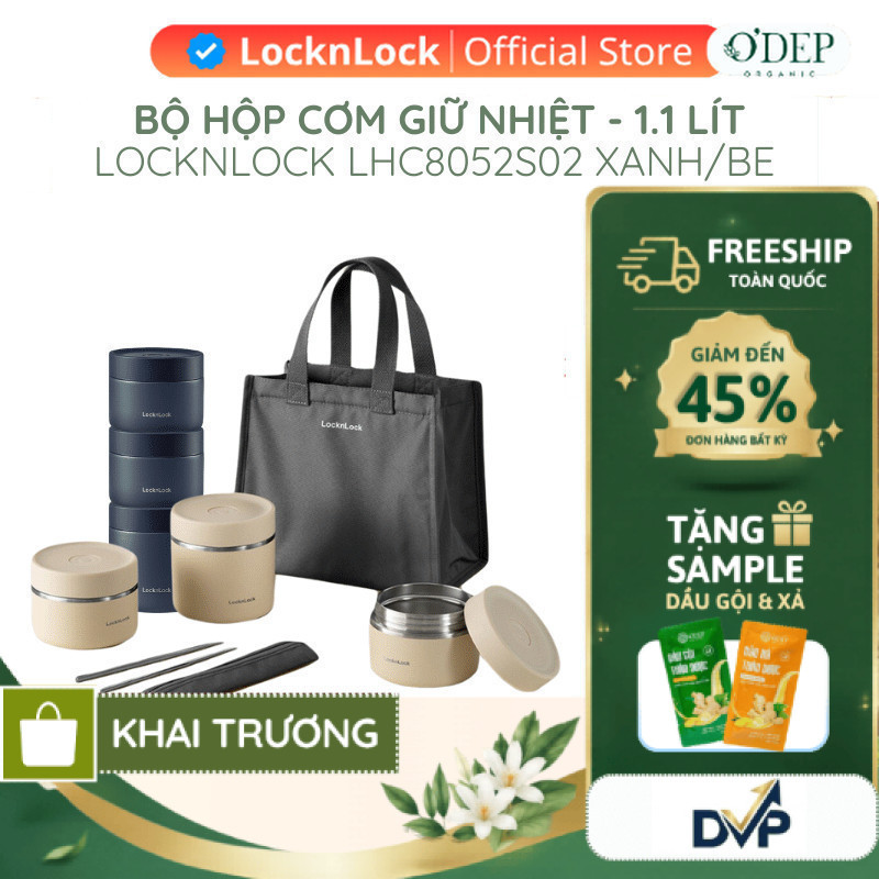 Hộp cơm giữ nhiệt LocknLock 3 ngăn 1.1L Chính hãng, Kèm túi, muỗng đũa, tiện lợi, giữ nhiệt lâu LHC8