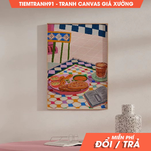 Tranh treo tường, Coffee Breakfast Illustration, Colorful , Checkerboard Illustration, Kitchen Art, 