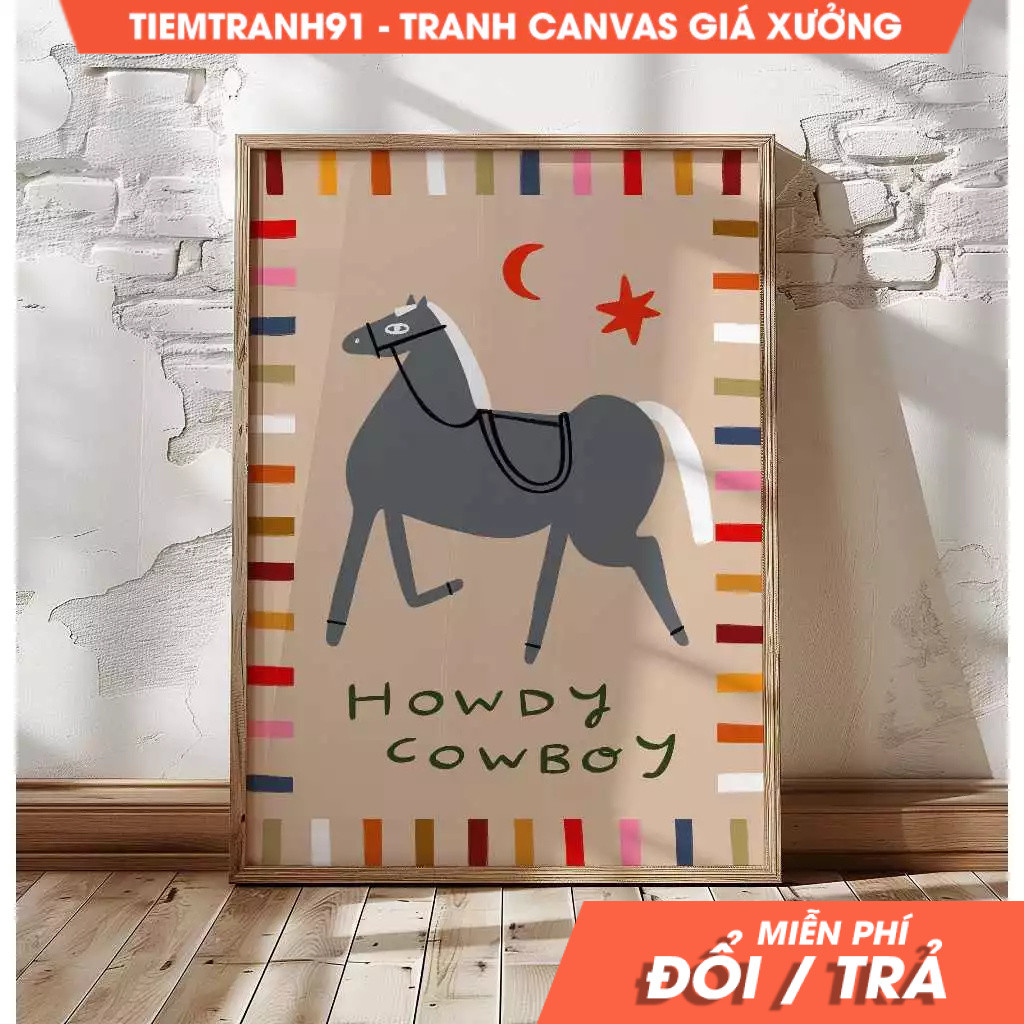 Tranh treo tường ,Howdy Cowboy Print, Nursery Print, Bedroom Art, Illustration Wall Art, tặng kèm đi