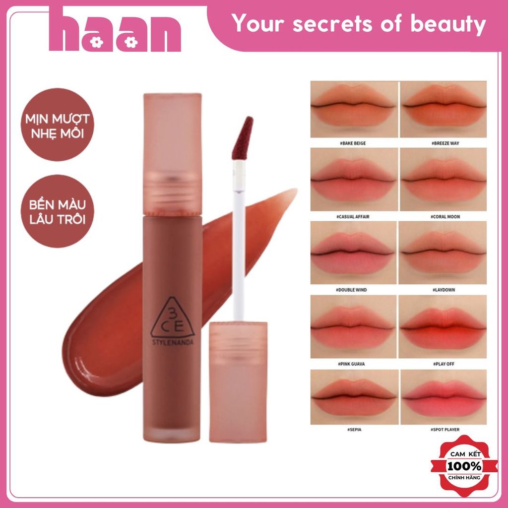 [CHÍNH HÃNG] Son Kem Lì 3CE Blur Water Tint Mịn Lì Lâu Trôi, Son 3CE Sepia, Laydown, Pink Guava