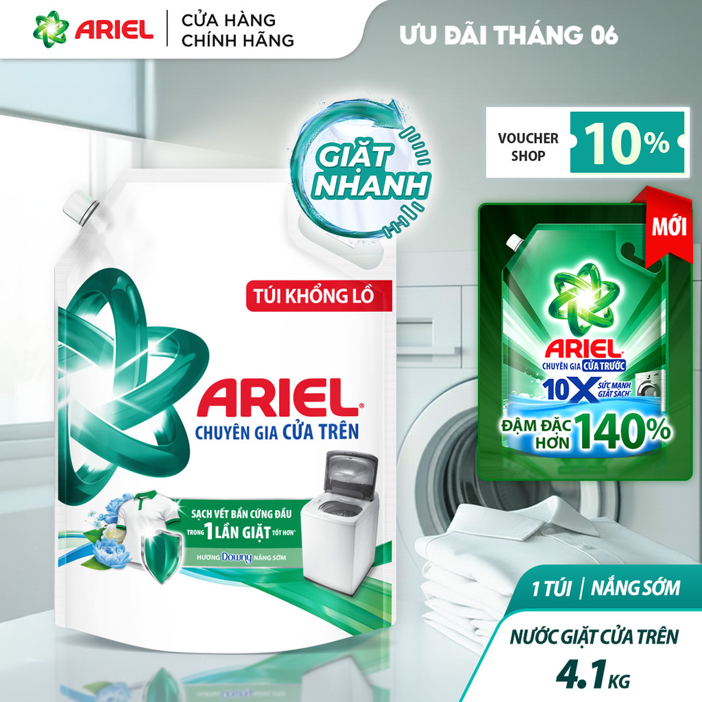 Nước Giặt cửa trên ARIEL sạch Bẩn Hương Nắng Sớm 4.1KG / Nước giặt 10X giặt sạch túi 4.05KG