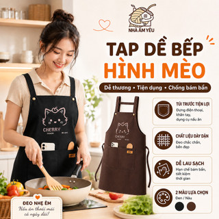 Tạp Dề Nhà Bếp Chống Thấm Dầu Nước Cao Cấp, Vải Dày Dặn Dễ Vệ Sinh, Họa Tiết Mèo Đáng Yêu