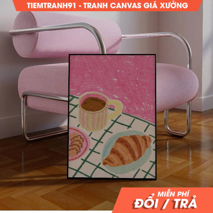 Tranh treo tường,Coffee and Croissant Illustration, Colorful, Still Life Illustration, Printable Art