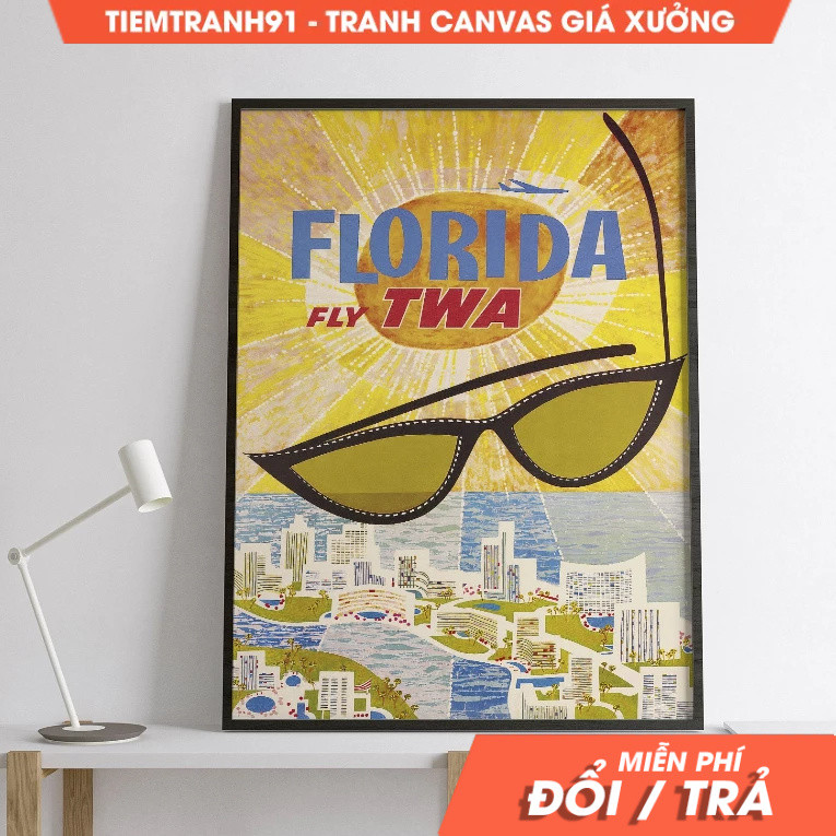 Tranh treo tường, Get the Retro Vibe with a Vintage Florida Miami Sunglasses Travel Poster, tặng kèm