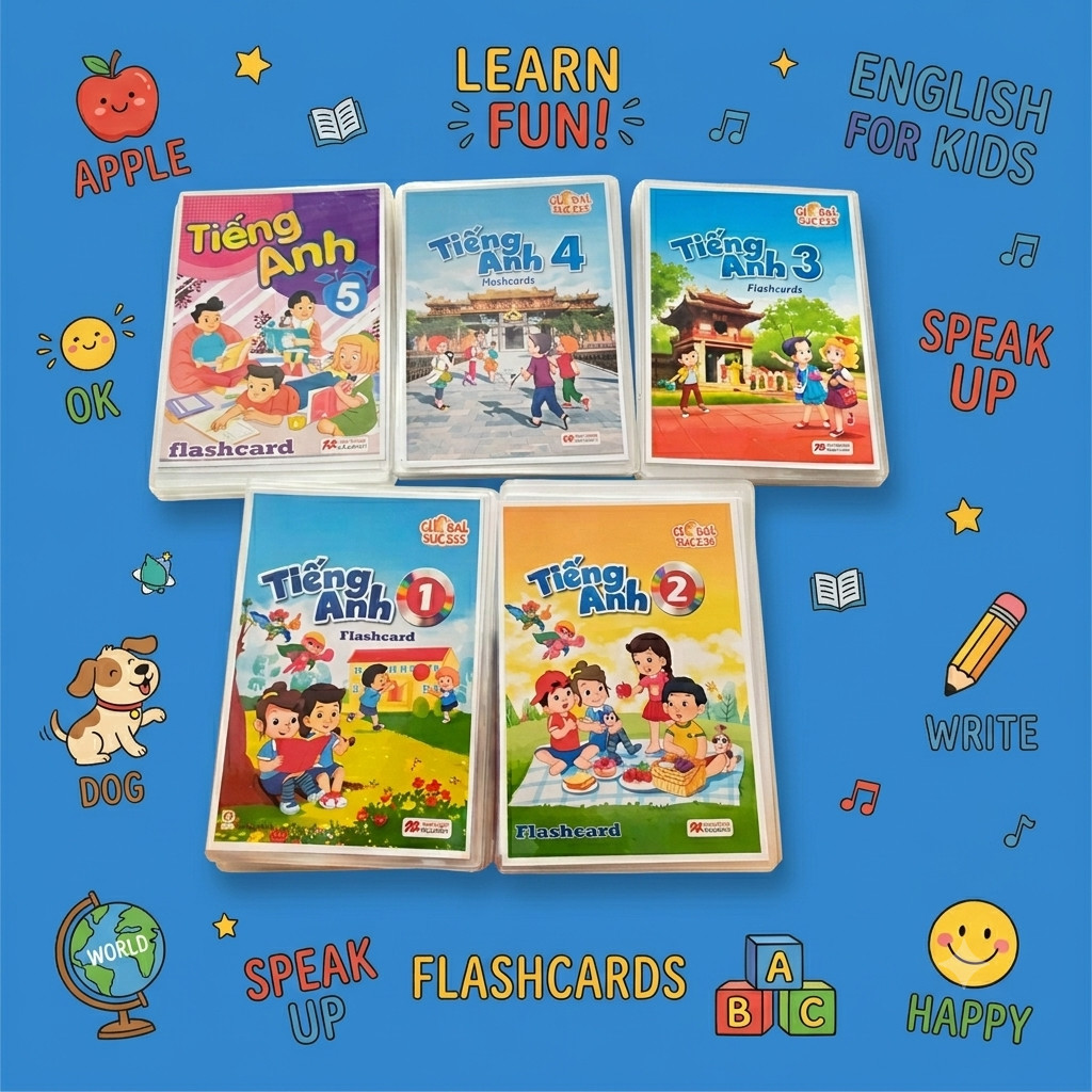 Flashcard tiếng anh lớp 1,2,3 4 5 global success khổ a5 không ép giấy c250, in màu laze