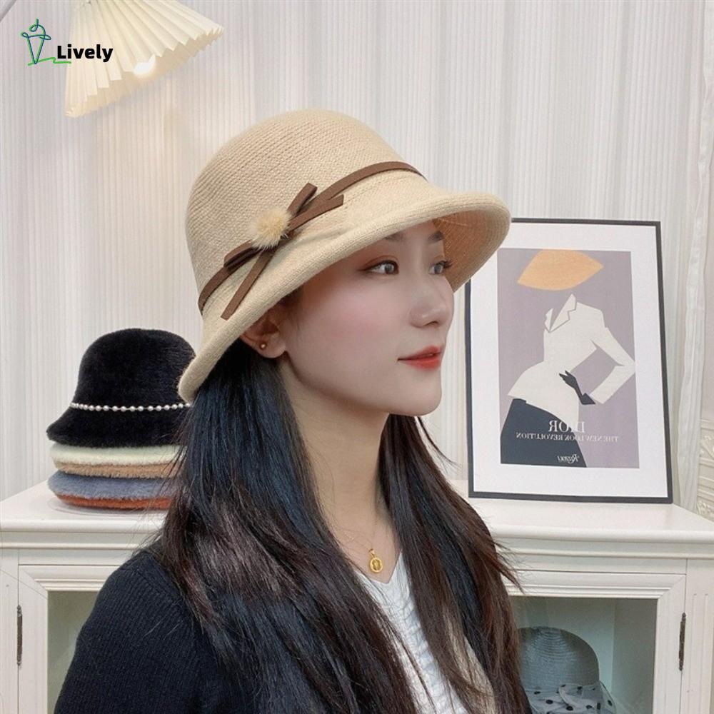 LIVELY Top Hat, Nơ Che Nắng Dome Basin Hat, British Retro Fur Ball Bucket Hat Thu Đông