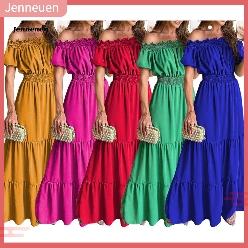 JEN Boho Đầm Không Lưng Khâu Viền Lớn Phong Cách Boho Màu Trơn Đầm Đi Biển