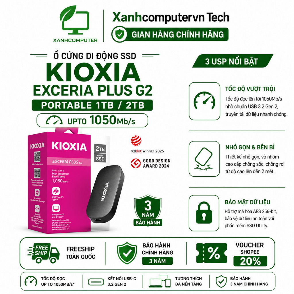 Ổ cứng di động SSD KIOXIA EXCERIA PLUS G2 Portable 1TB / 2TB upto 1050Mb/s - Bảo hành 3 năm