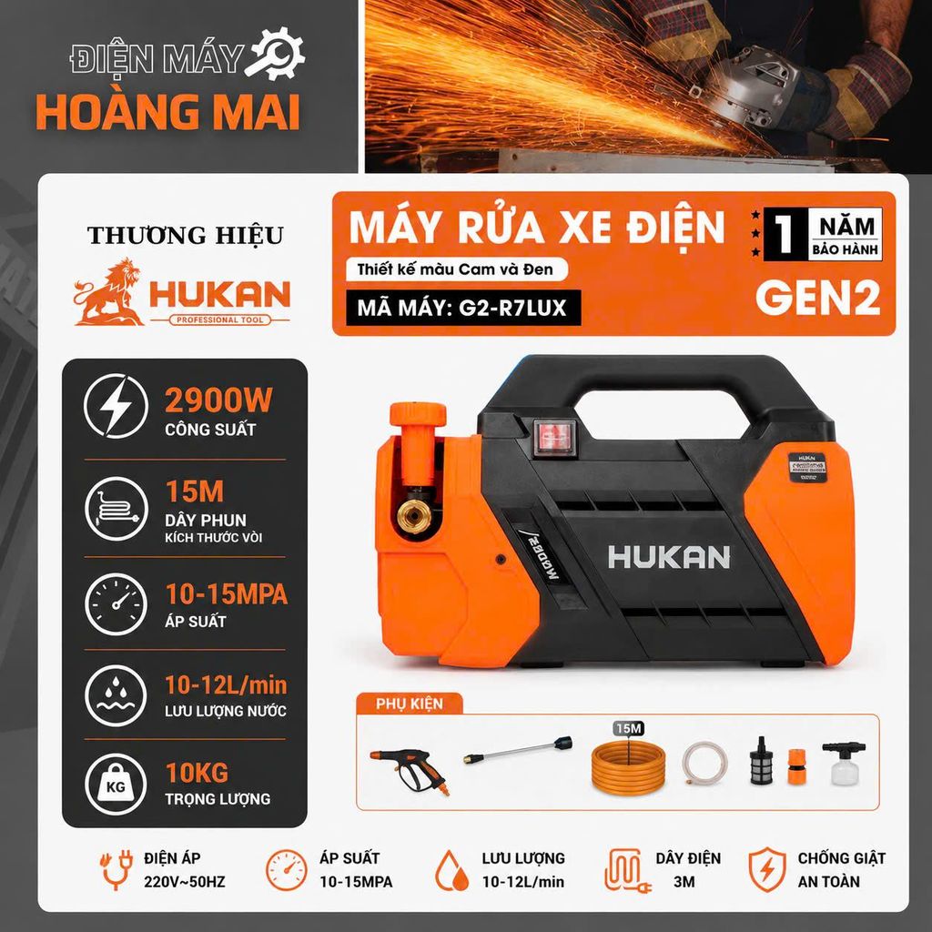 Máy Rửa Xe Chỉnh Áp HUKAN G2-R7LUX, Công Suất 2900W, Có ÁT Chống Giật, Chống Rò Rỉ, Áp Suất 10-15MPA