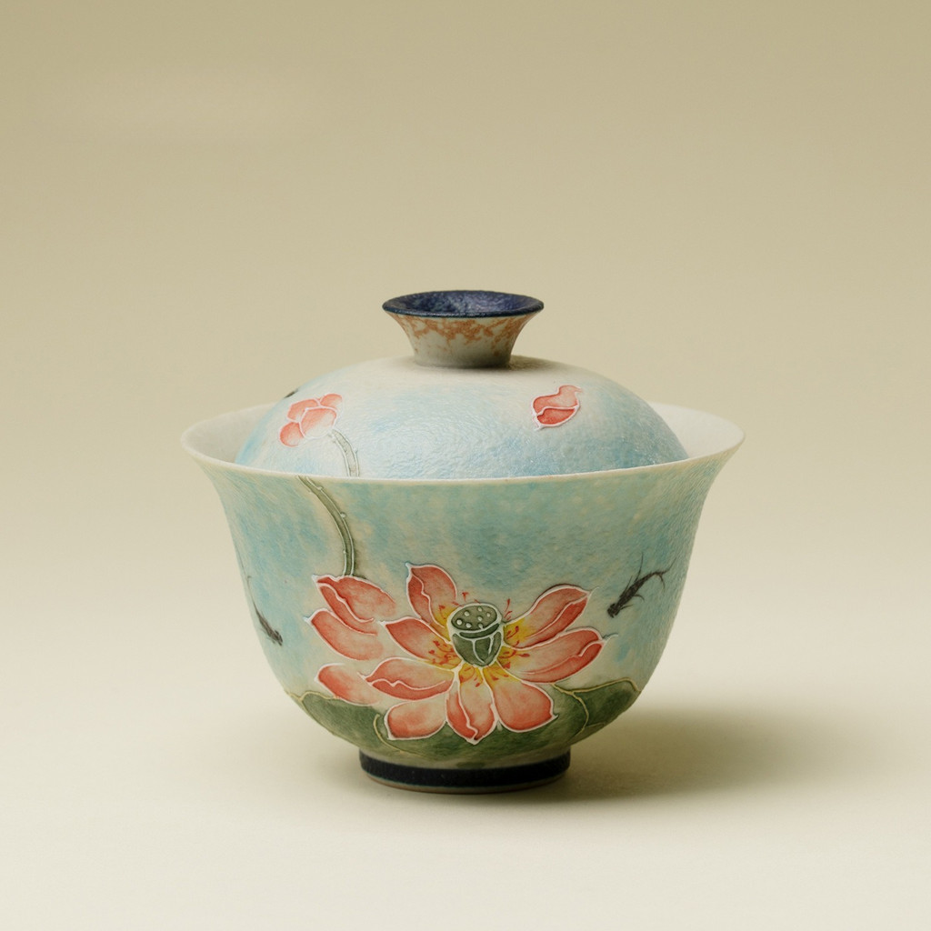 Lanting Pink Lotus Hand-Painted Fish Play Lotus Lucky Garage Bowl Gốm Ercai Garage Bowl Kung Fu Tea 