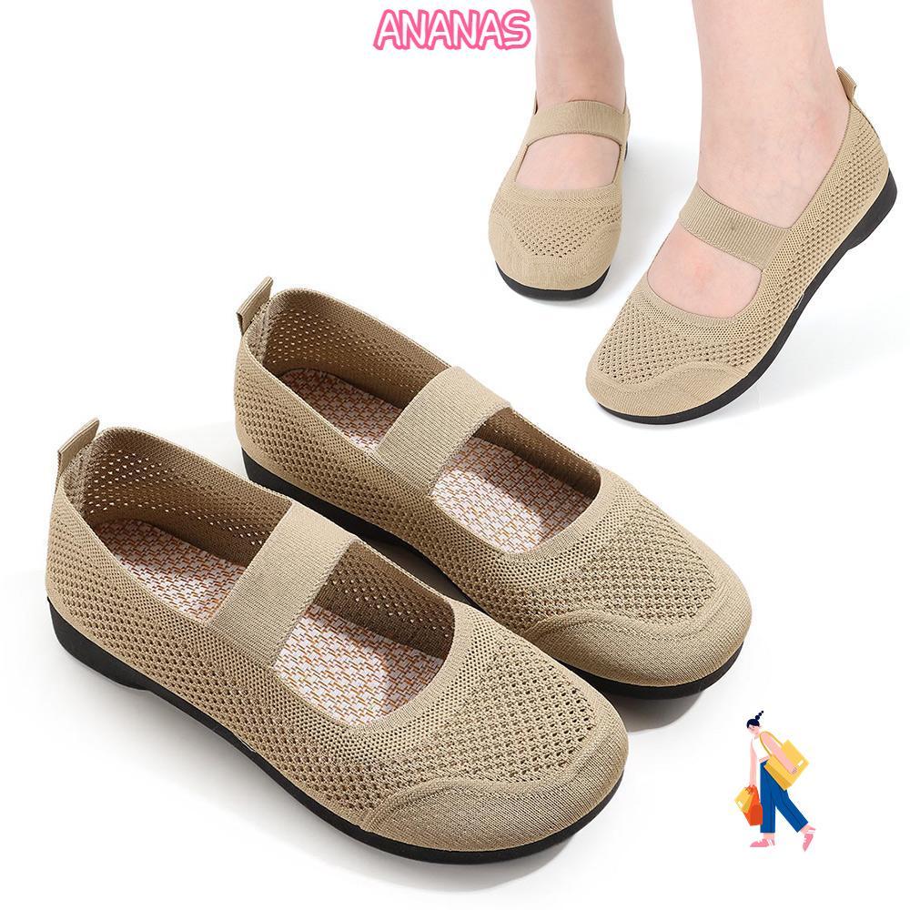 Giày đơn ngón chân vuông ANANAS, Giày đế bệt nữ thoáng khí bằng lưới, Đế mềm mùa hè trượt trên giày 