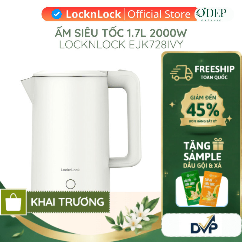 Ấm đun siêu tốc LocknLock EJK728IVY 1.7L 1850-2200W, Hàng chính hãng, Nút kéo mở nắp - SHOP DVP