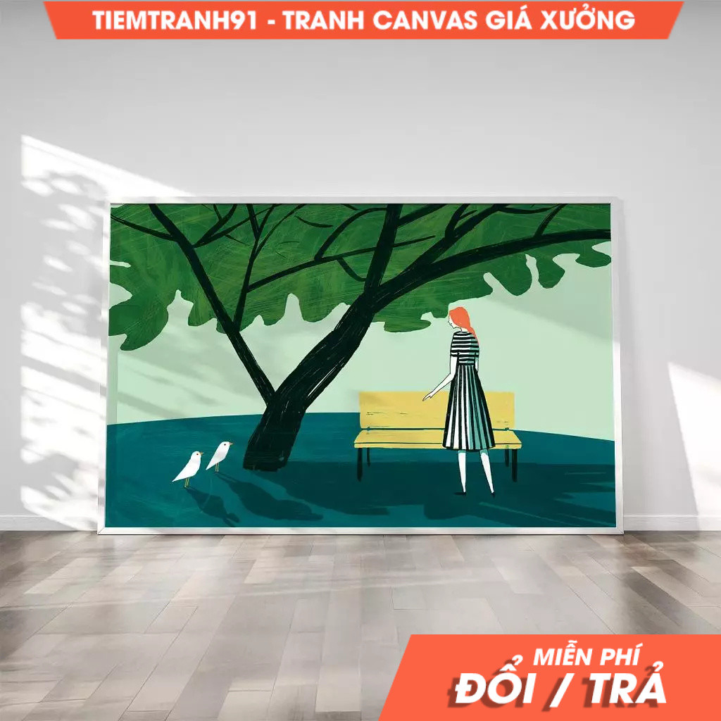 Tranh treo tường, Girl in Park Horizontal Minimal Nature Scene Modern Landscape Art Contemporary Ben
