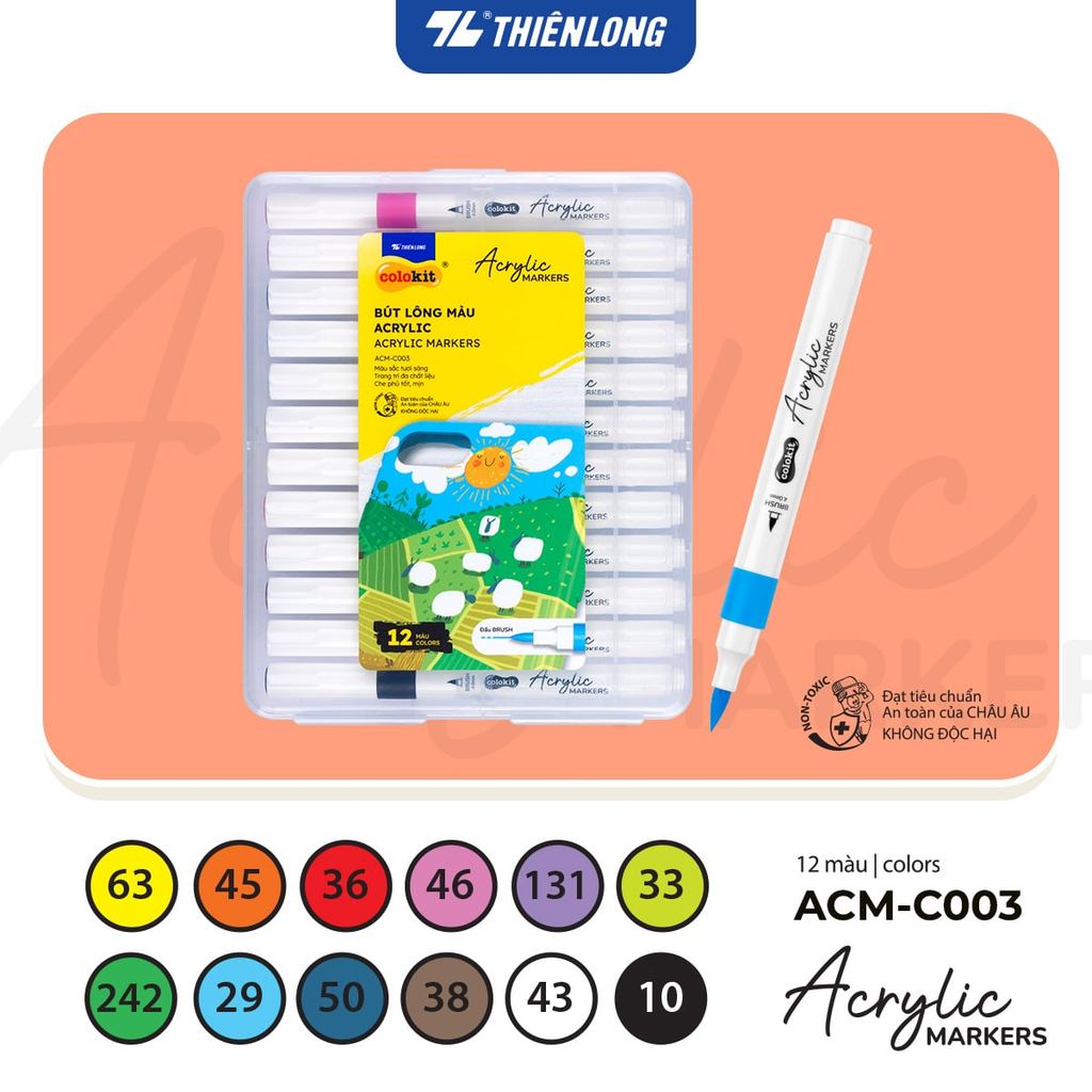 Bút lông màu Acrylic Markers 1 đầu brush Thiên Long Colokit 12/24/36 màu, chồng màu tốt, trang trí đ