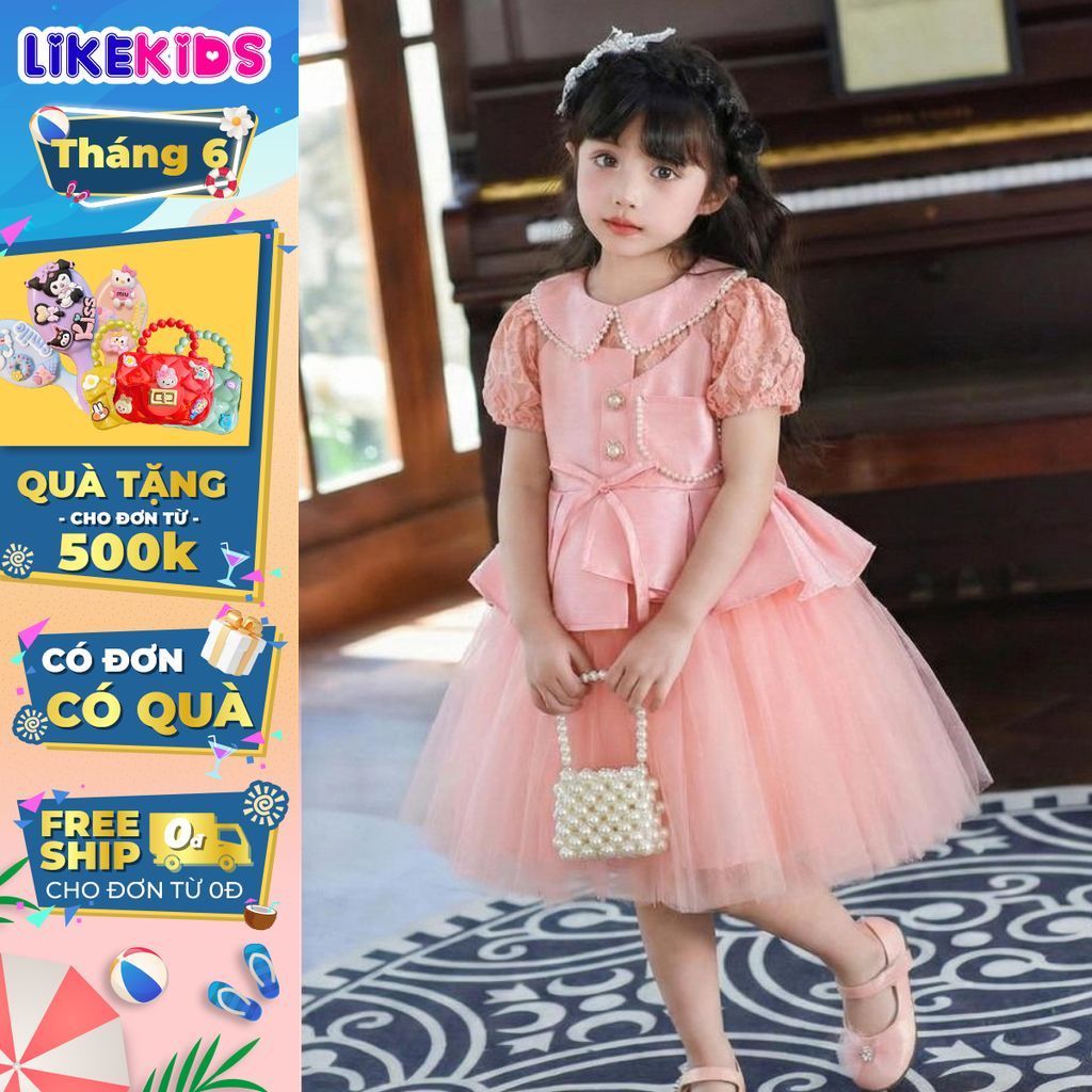 Đầm công chúa, váy cho bé gái họa tiết peplum chuỗi viền C6 - Likekids