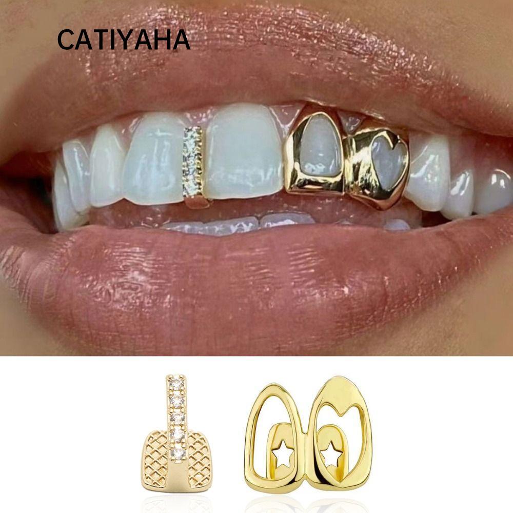CATIYAHA Hip Hop Răng Grillz, Màu Vàng Sáng Bóng Grillz, Đôi Trái Tim Rỗng Đồng Răng Mũ Phong Cách P