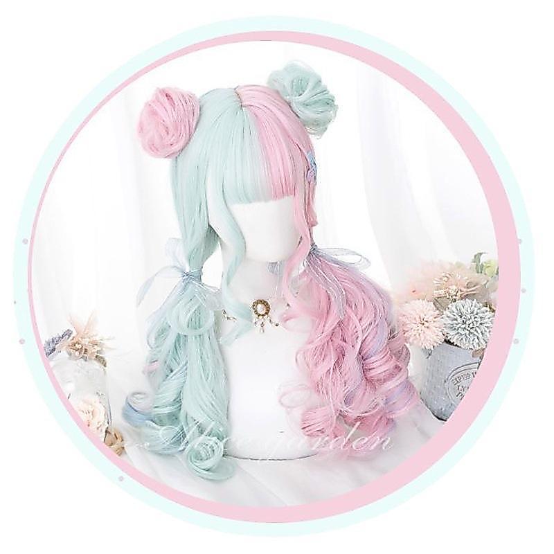 Tóc giả harajuku soft girl style, màu macaron với tóc xoăn dài
