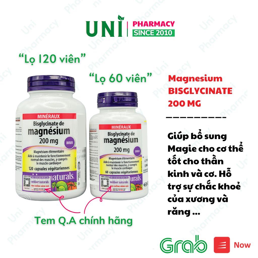 (Tặng quà 1 cao sao vàng ) Magnesium Bisglycinate 200mg, Bổ sung Magie b6 giảm triệu chứng đau mỏi c