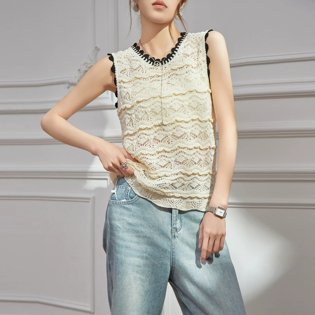 60HK Self-Portrait 2025Summer new French design heavy-knit hollow crochet apricot-colored round-neck