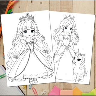 Combo Bộ 50 Tờ Tranh Tô Màu Anime Chibi Công Chúa Cute Khổ A4, A5 - Đồ chơi giáo dục giúp bé tập tô màu sáng tạo M6